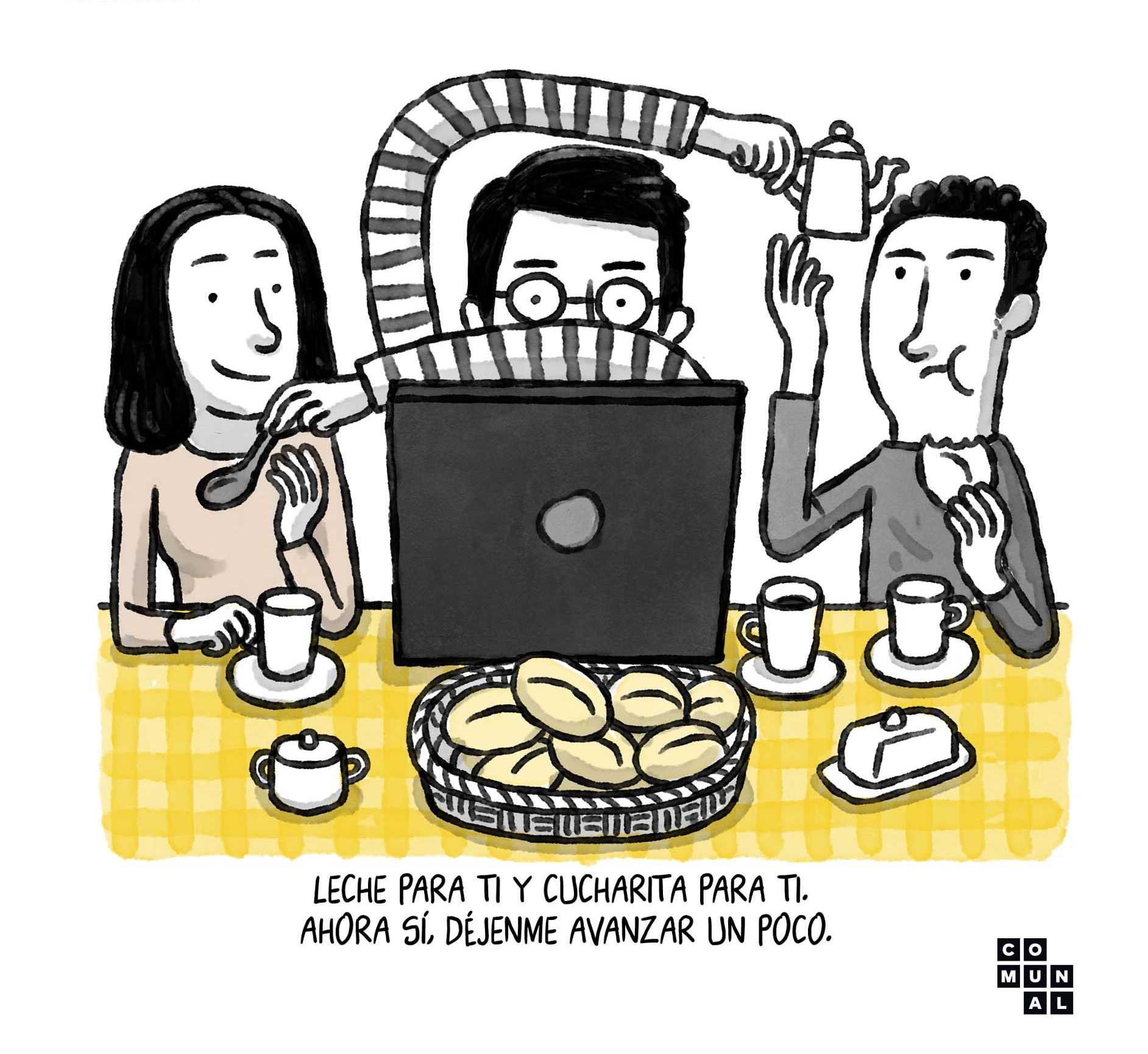 hombre sentado en mesa de comedor dando de comer a sus hijos y trabajando al mismo tiempo en su laptop